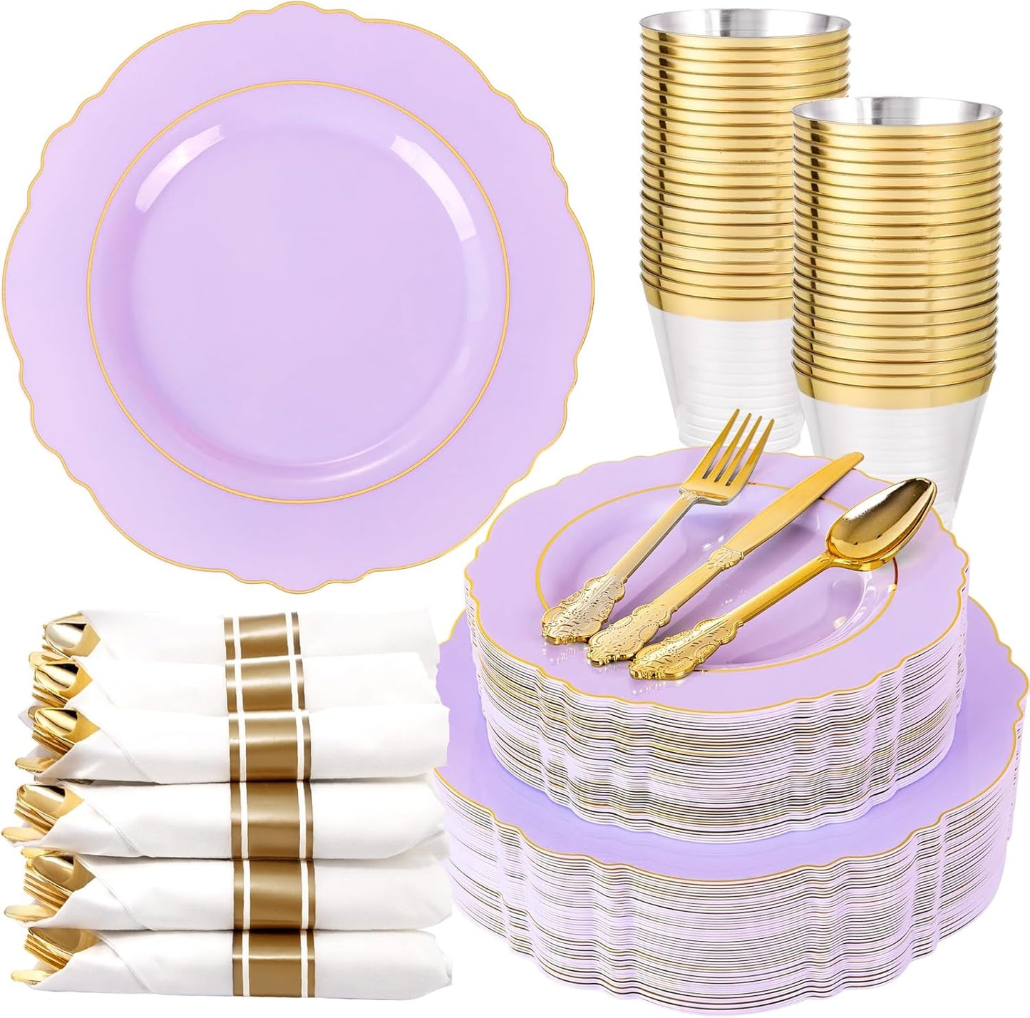 350PCS Yellow Plates - Yellow Disposable Plastic Plates With Gold Rim-50Guest Plastic Dinnerware include 100 Plates,50 Pack Pre Rolled Napkins with Silverware 50Cups for Wedding＆Party