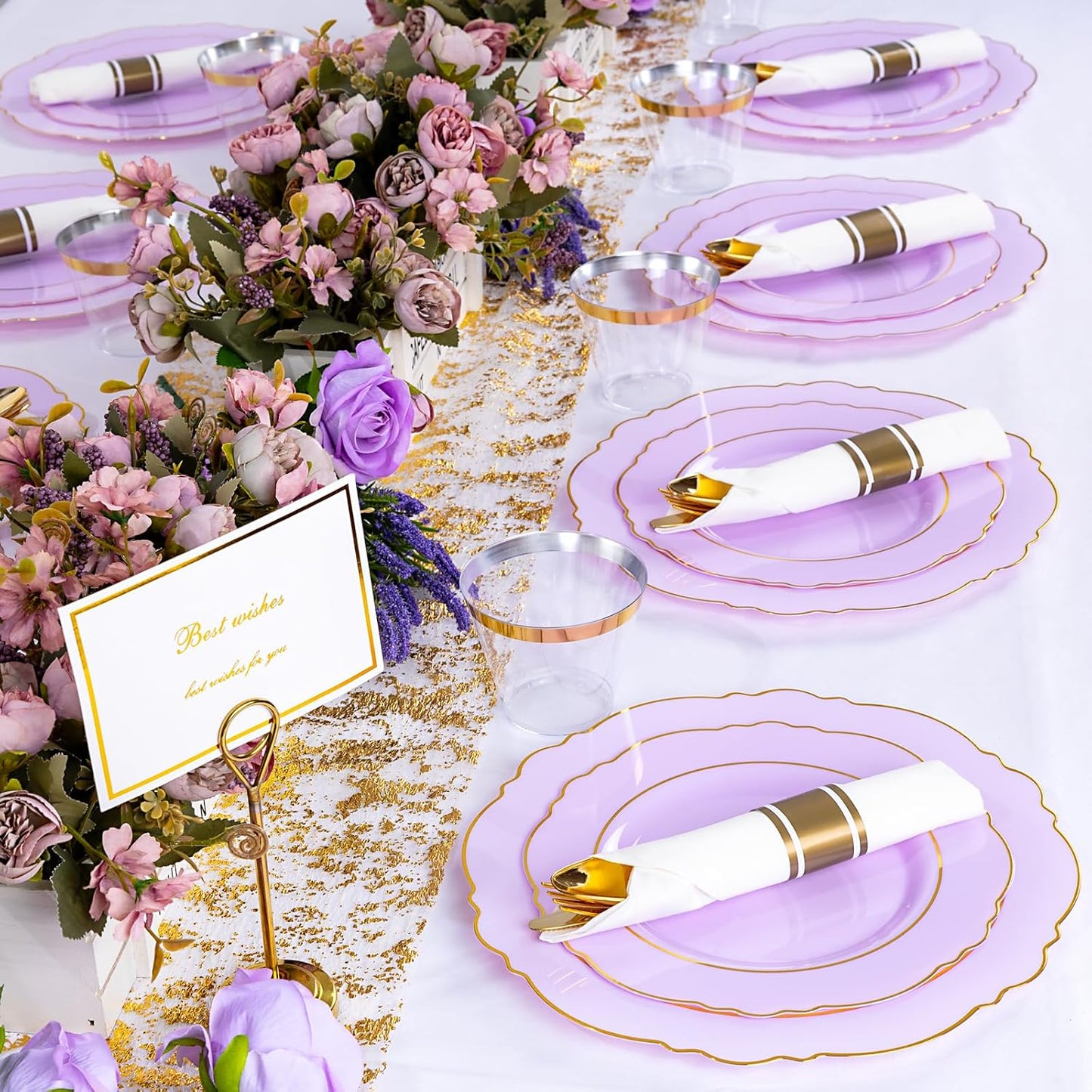 350PCS Yellow Plates - Yellow Disposable Plastic Plates With Gold Rim-50Guest Plastic Dinnerware include 100 Plates,50 Pack Pre Rolled Napkins with Silverware 50Cups for Wedding＆Party