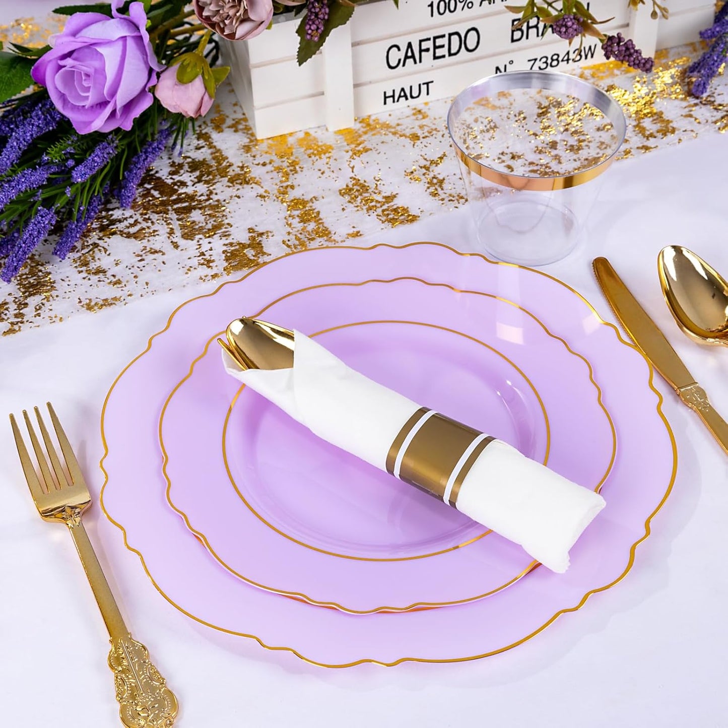 350PCS Yellow Plates - Yellow Disposable Plastic Plates With Gold Rim-50Guest Plastic Dinnerware include 100 Plates,50 Pack Pre Rolled Napkins with Silverware 50Cups for Wedding＆Party