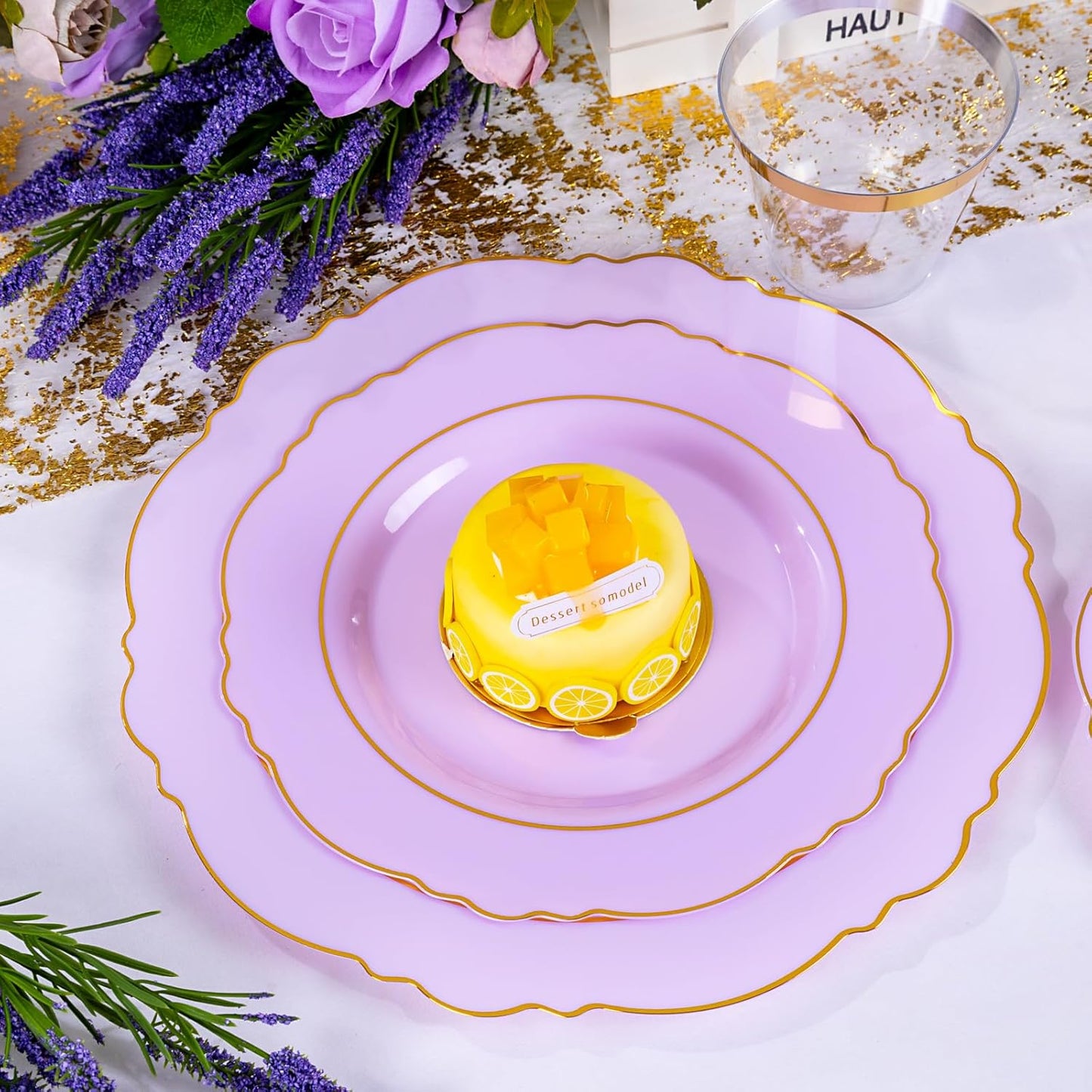 350PCS Yellow Plates - Yellow Disposable Plastic Plates With Gold Rim-50Guest Plastic Dinnerware include 100 Plates,50 Pack Pre Rolled Napkins with Silverware 50Cups for Wedding＆Party