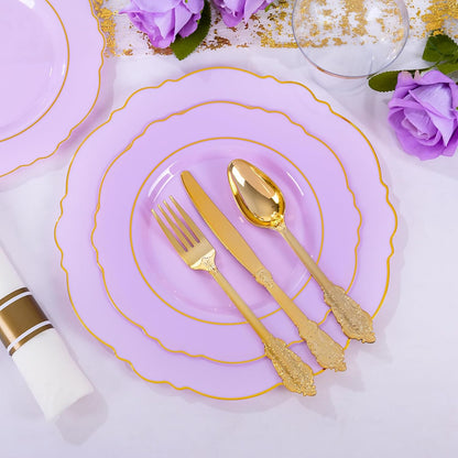 350PCS Yellow Plates - Yellow Disposable Plastic Plates With Gold Rim-50Guest Plastic Dinnerware include 100 Plates,50 Pack Pre Rolled Napkins with Silverware 50Cups for Wedding＆Party