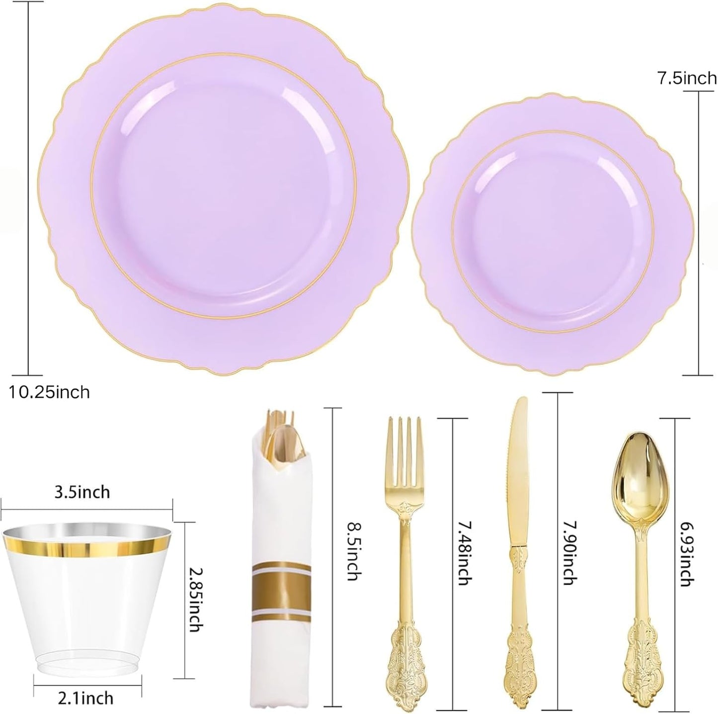 350PCS Yellow Plates - Yellow Disposable Plastic Plates With Gold Rim-50Guest Plastic Dinnerware include 100 Plates,50 Pack Pre Rolled Napkins with Silverware 50Cups for Wedding＆Party