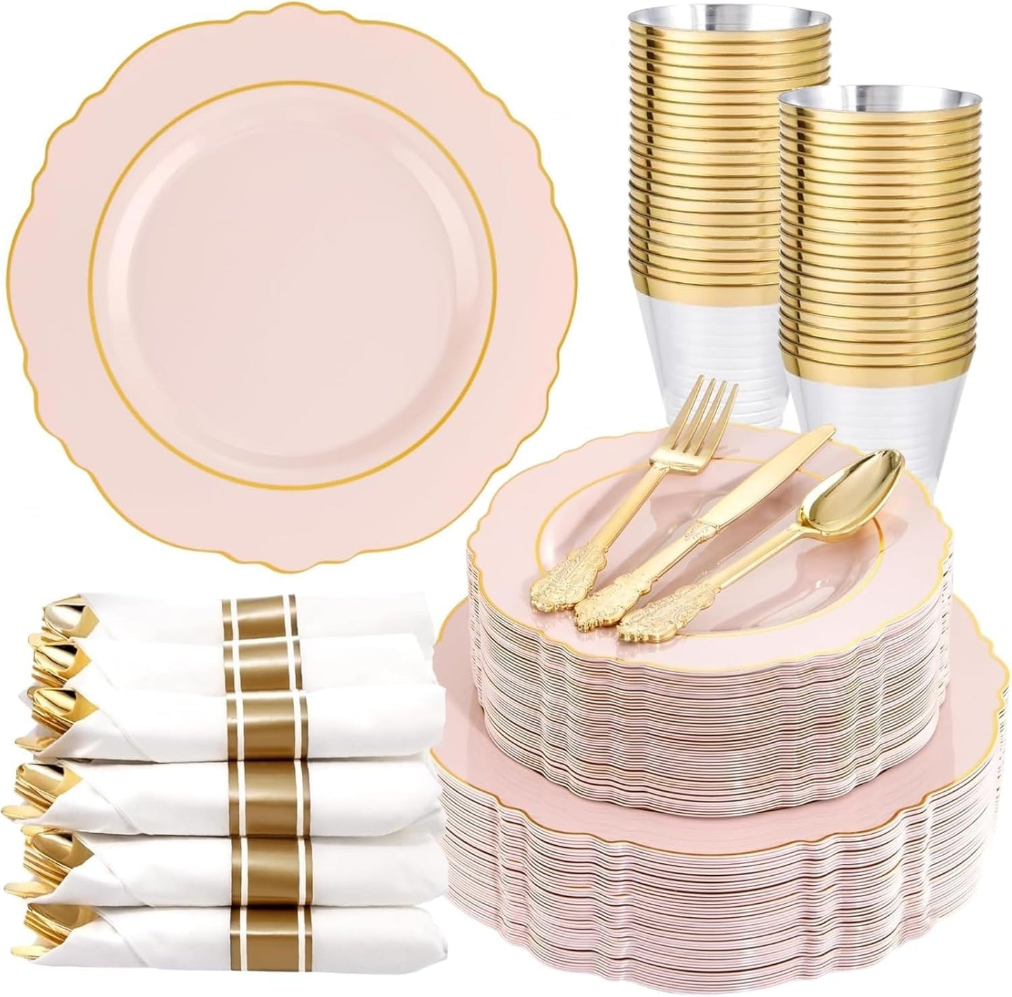 350PCS Yellow Plates - Yellow Disposable Plastic Plates With Gold Rim-50Guest Plastic Dinnerware include 100 Plates,50 Pack Pre Rolled Napkins with Silverware 50Cups for Wedding＆Party