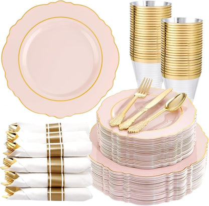 350PCS Yellow Plates - Yellow Disposable Plastic Plates With Gold Rim-50Guest Plastic Dinnerware include 100 Plates,50 Pack Pre Rolled Napkins with Silverware 50Cups for Wedding＆Party