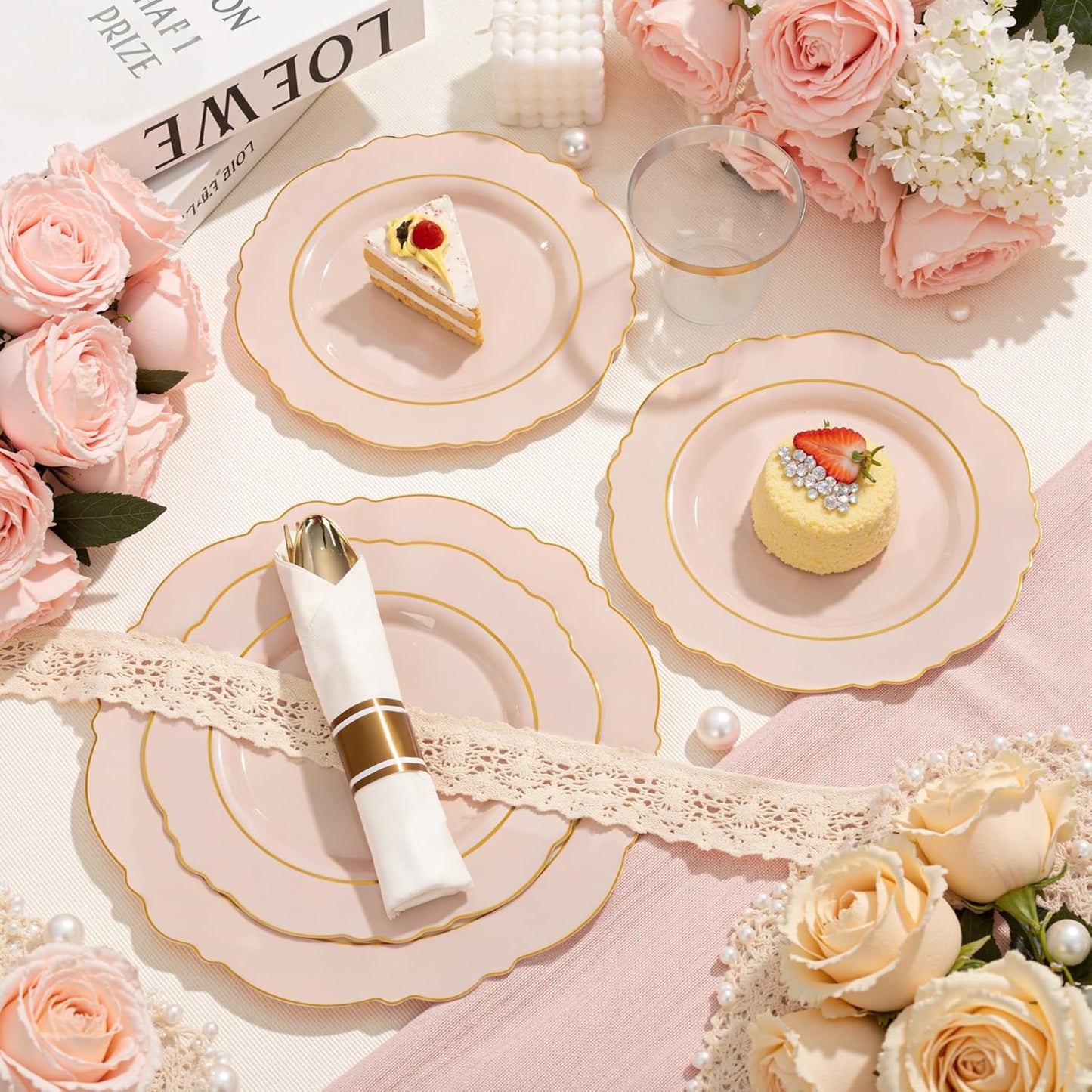 350PCS Yellow Plates - Yellow Disposable Plastic Plates With Gold Rim-50Guest Plastic Dinnerware include 100 Plates,50 Pack Pre Rolled Napkins with Silverware 50Cups for Wedding＆Party