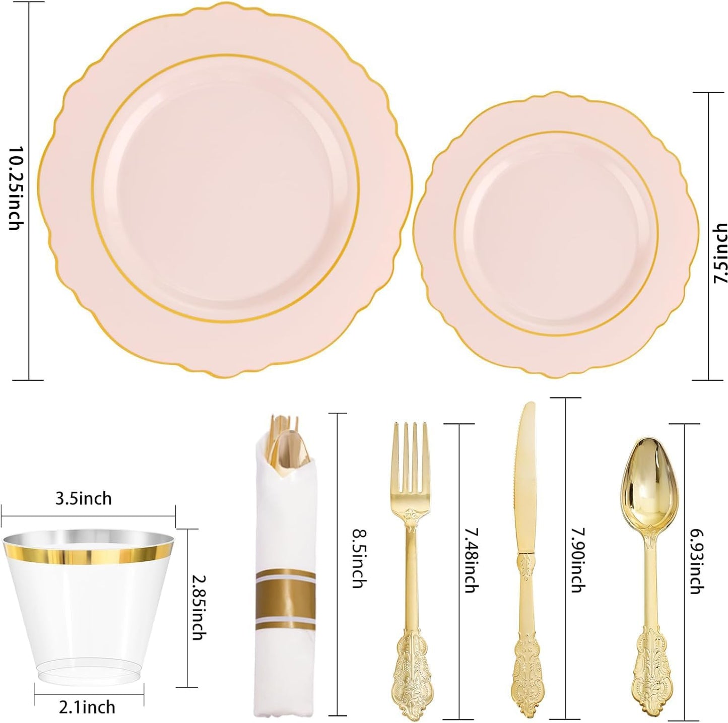 350PCS Yellow Plates - Yellow Disposable Plastic Plates With Gold Rim-50Guest Plastic Dinnerware include 100 Plates,50 Pack Pre Rolled Napkins with Silverware 50Cups for Wedding＆Party