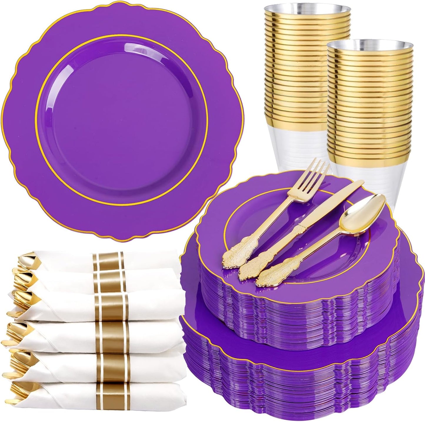 350PCS Yellow Plates - Yellow Disposable Plastic Plates With Gold Rim-50Guest Plastic Dinnerware include 100 Plates,50 Pack Pre Rolled Napkins with Silverware 50Cups for Wedding＆Party