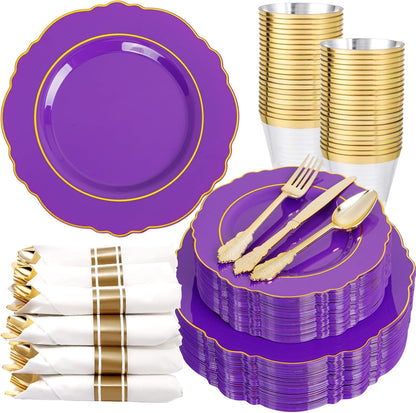 350PCS Yellow Plates - Yellow Disposable Plastic Plates With Gold Rim-50Guest Plastic Dinnerware include 100 Plates,50 Pack Pre Rolled Napkins with Silverware 50Cups for Wedding＆Party