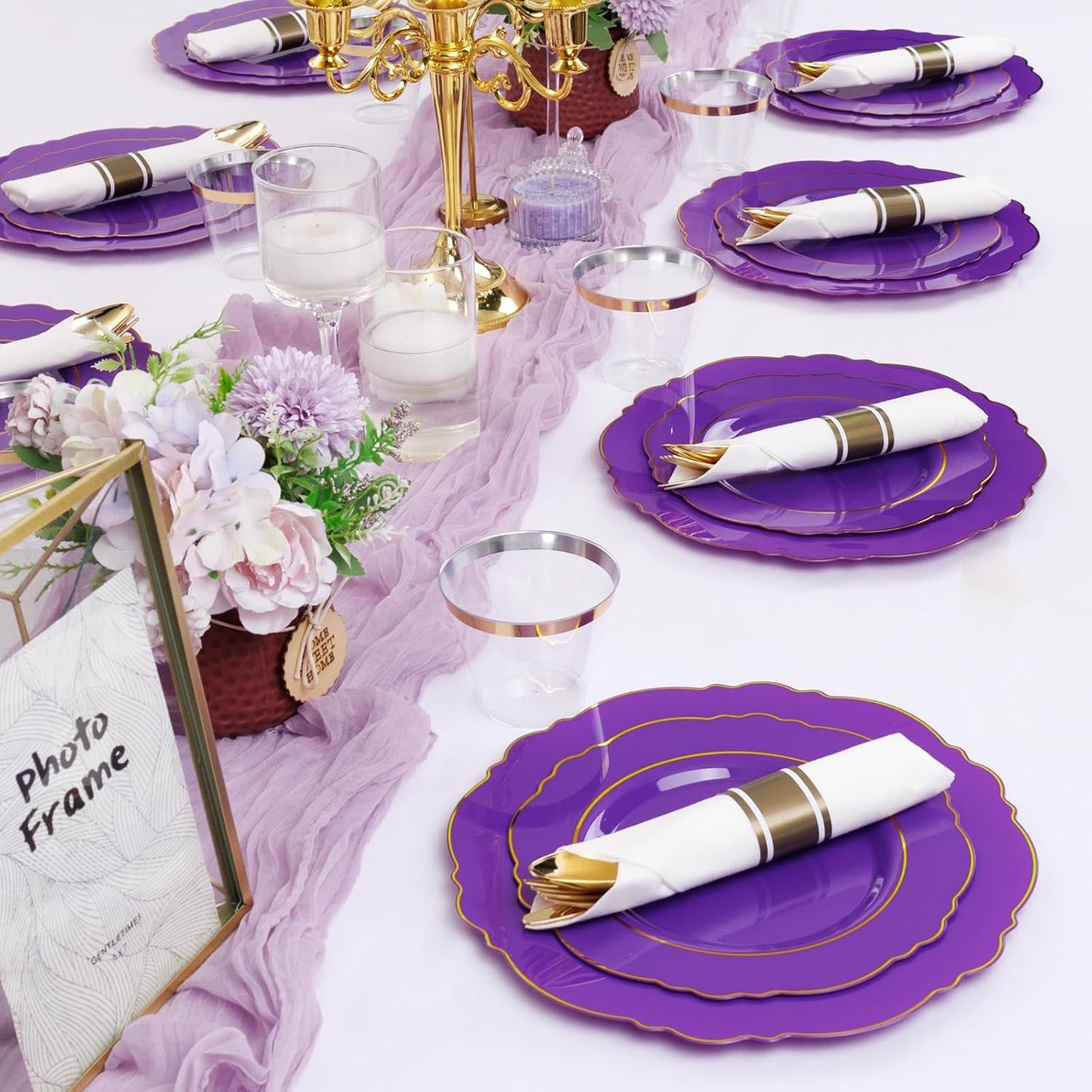 350PCS Yellow Plates - Yellow Disposable Plastic Plates With Gold Rim-50Guest Plastic Dinnerware include 100 Plates,50 Pack Pre Rolled Napkins with Silverware 50Cups for Wedding＆Party