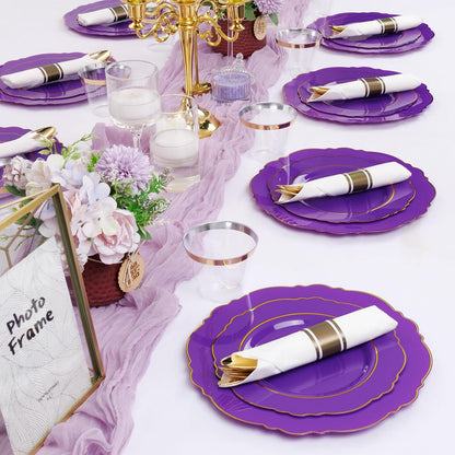 350PCS Yellow Plates - Yellow Disposable Plastic Plates With Gold Rim-50Guest Plastic Dinnerware include 100 Plates,50 Pack Pre Rolled Napkins with Silverware 50Cups for Wedding＆Party