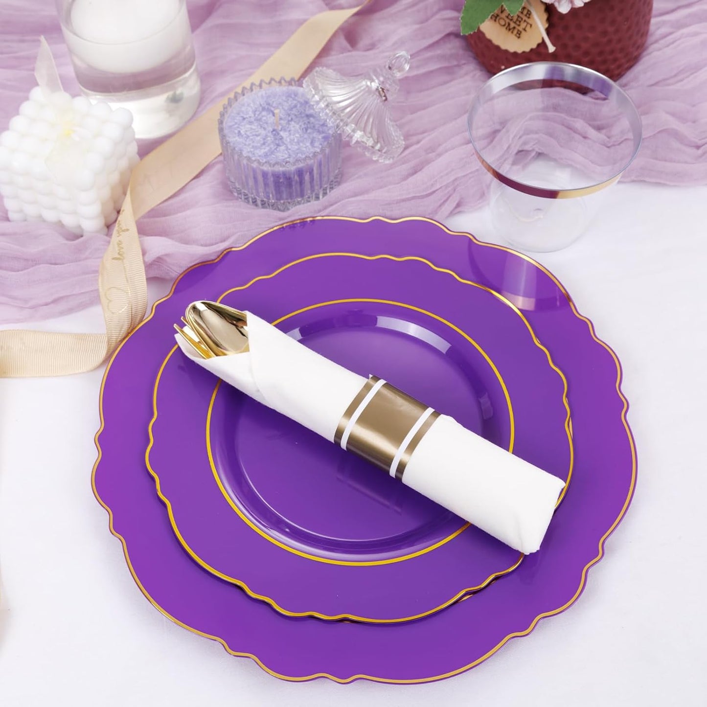 350PCS Yellow Plates - Yellow Disposable Plastic Plates With Gold Rim-50Guest Plastic Dinnerware include 100 Plates,50 Pack Pre Rolled Napkins with Silverware 50Cups for Wedding＆Party