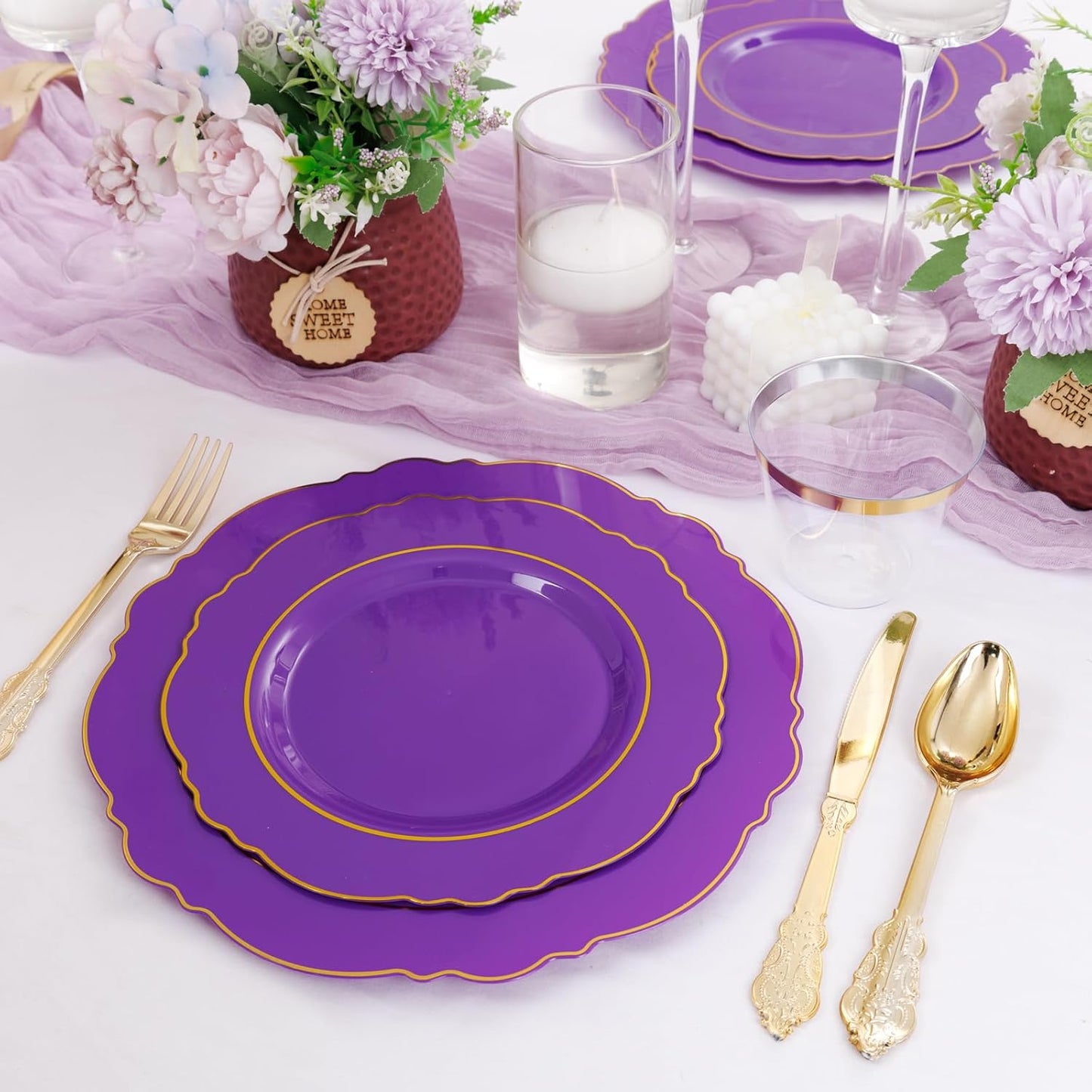 350PCS Yellow Plates - Yellow Disposable Plastic Plates With Gold Rim-50Guest Plastic Dinnerware include 100 Plates,50 Pack Pre Rolled Napkins with Silverware 50Cups for Wedding＆Party