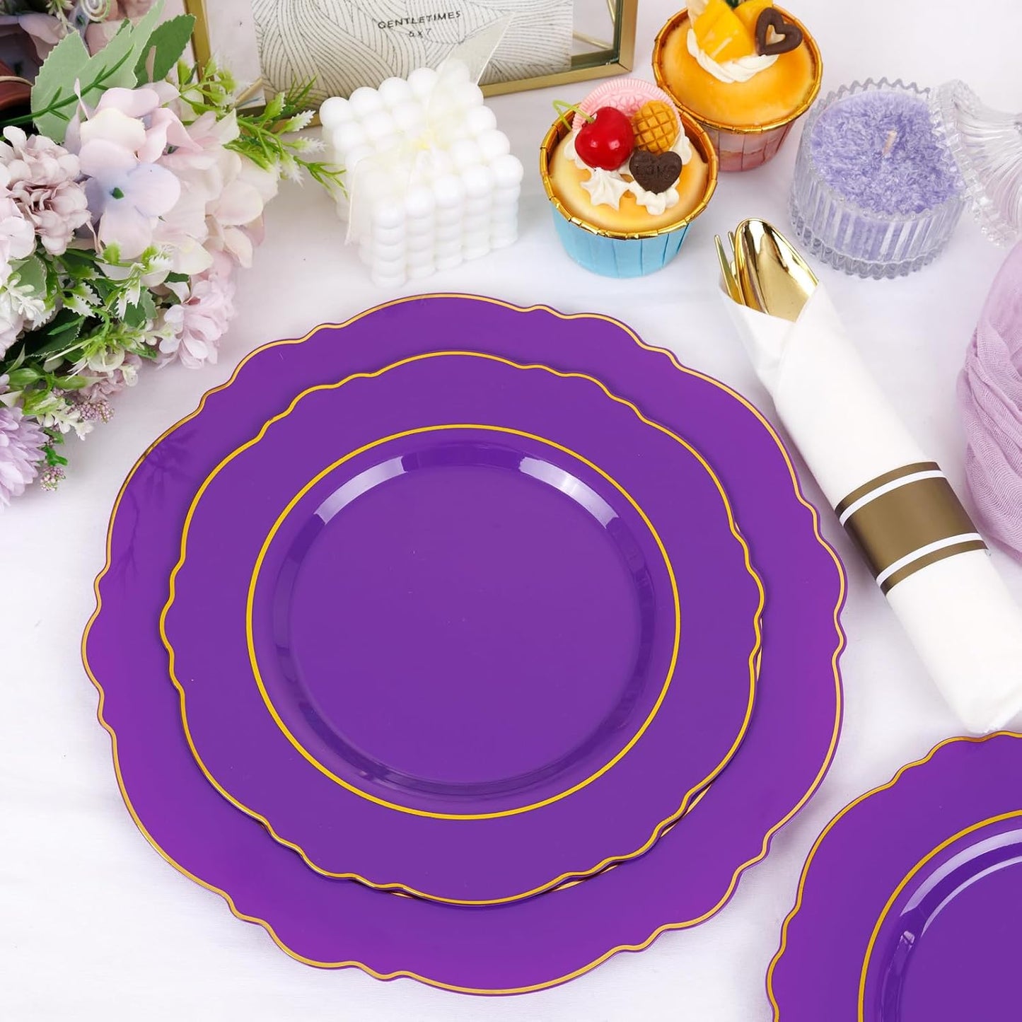 350PCS Yellow Plates - Yellow Disposable Plastic Plates With Gold Rim-50Guest Plastic Dinnerware include 100 Plates,50 Pack Pre Rolled Napkins with Silverware 50Cups for Wedding＆Party
