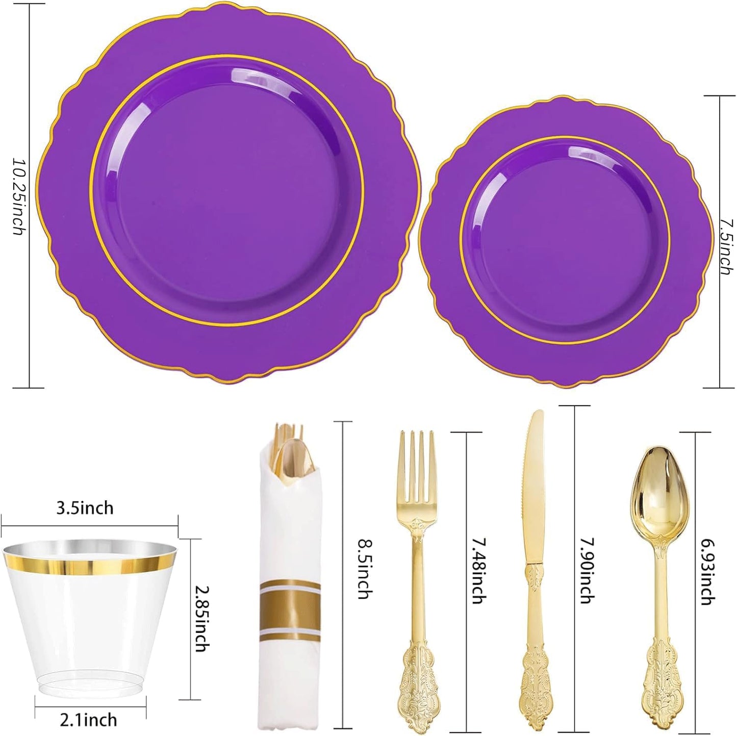 350PCS Yellow Plates - Yellow Disposable Plastic Plates With Gold Rim-50Guest Plastic Dinnerware include 100 Plates,50 Pack Pre Rolled Napkins with Silverware 50Cups for Wedding＆Party