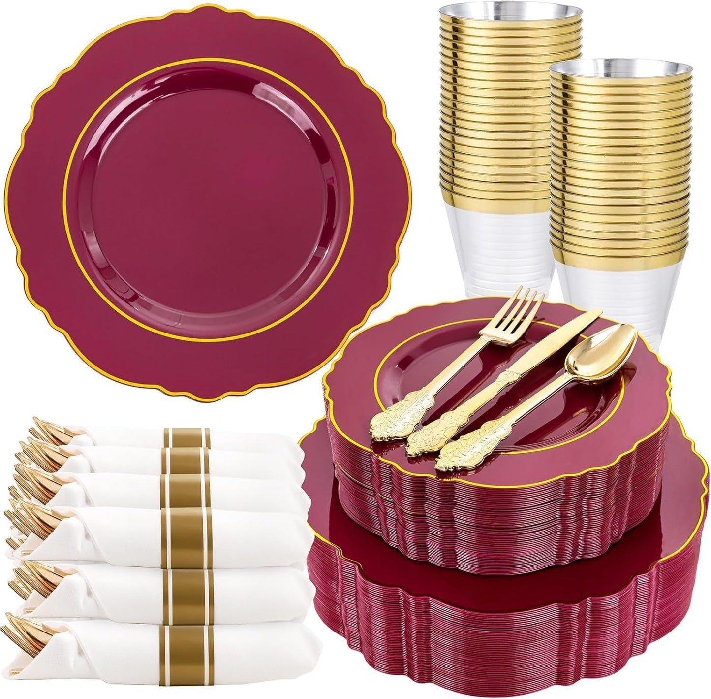 350PCS Yellow Plates - Yellow Disposable Plastic Plates With Gold Rim-50Guest Plastic Dinnerware include 100 Plates,50 Pack Pre Rolled Napkins with Silverware 50Cups for Wedding＆Party