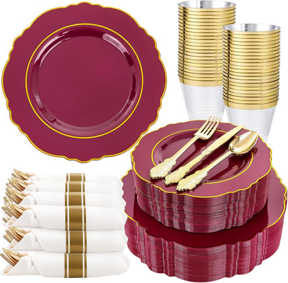 350PCS Yellow Plates - Yellow Disposable Plastic Plates With Gold Rim-50Guest Plastic Dinnerware include 100 Plates,50 Pack Pre Rolled Napkins with Silverware 50Cups for Wedding＆Party