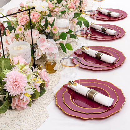 350PCS Yellow Plates - Yellow Disposable Plastic Plates With Gold Rim-50Guest Plastic Dinnerware include 100 Plates,50 Pack Pre Rolled Napkins with Silverware 50Cups for Wedding＆Party