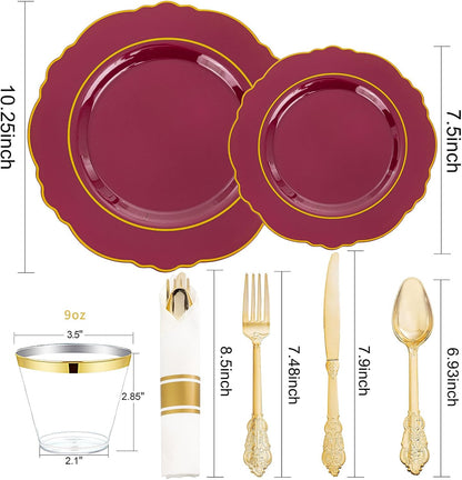 350PCS Yellow Plates - Yellow Disposable Plastic Plates With Gold Rim-50Guest Plastic Dinnerware include 100 Plates,50 Pack Pre Rolled Napkins with Silverware 50Cups for Wedding＆Party