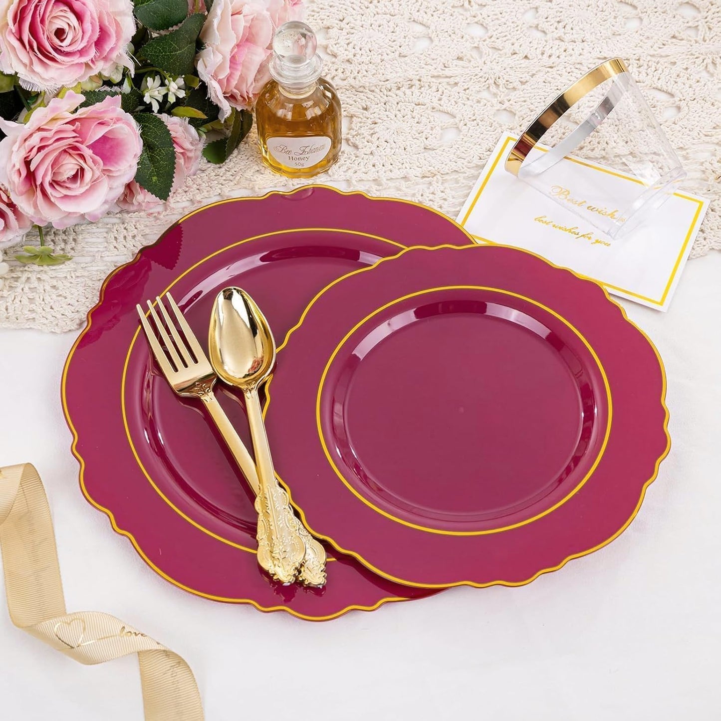 350PCS Yellow Plates - Yellow Disposable Plastic Plates With Gold Rim-50Guest Plastic Dinnerware include 100 Plates,50 Pack Pre Rolled Napkins with Silverware 50Cups for Wedding＆Party