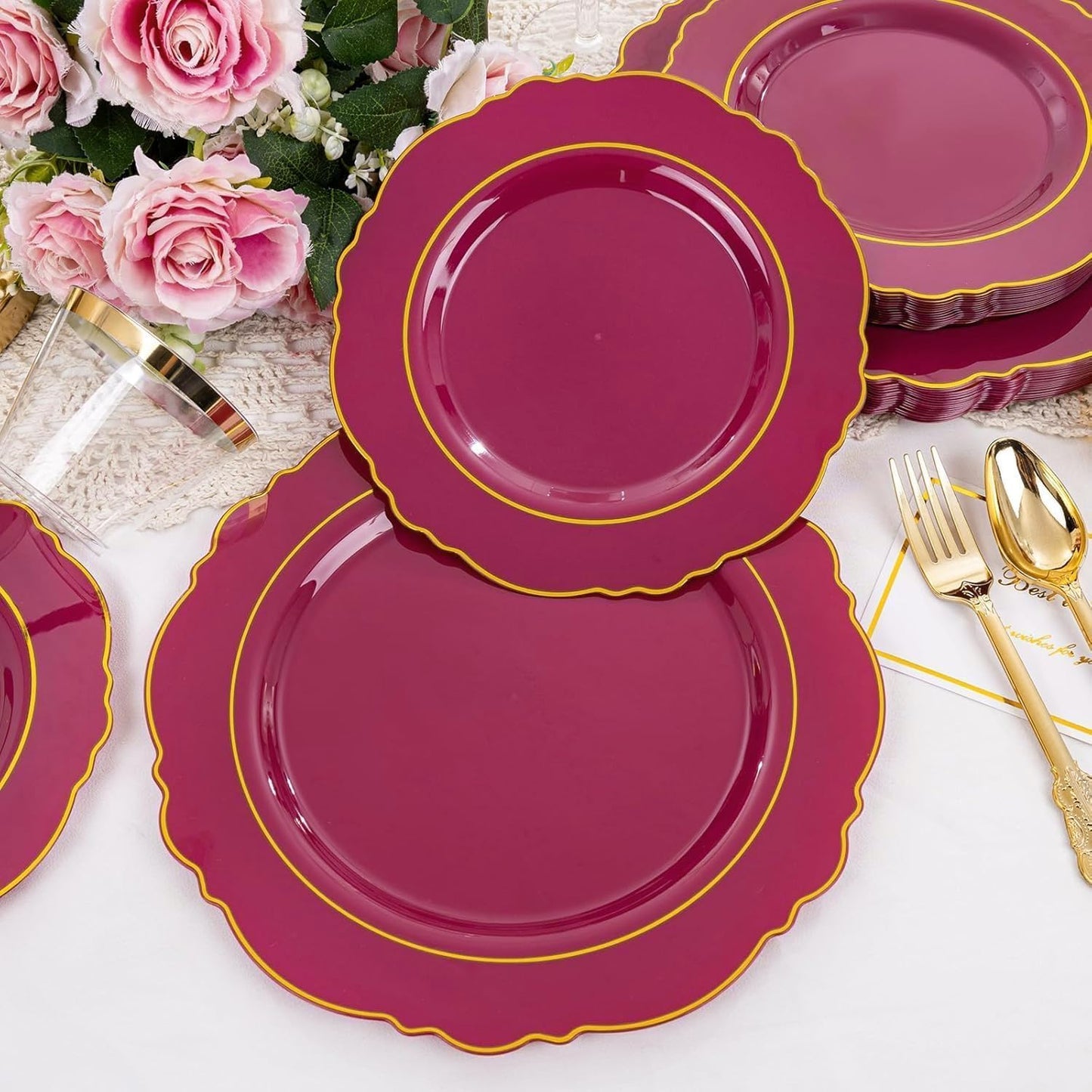 350PCS Yellow Plates - Yellow Disposable Plastic Plates With Gold Rim-50Guest Plastic Dinnerware include 100 Plates,50 Pack Pre Rolled Napkins with Silverware 50Cups for Wedding＆Party
