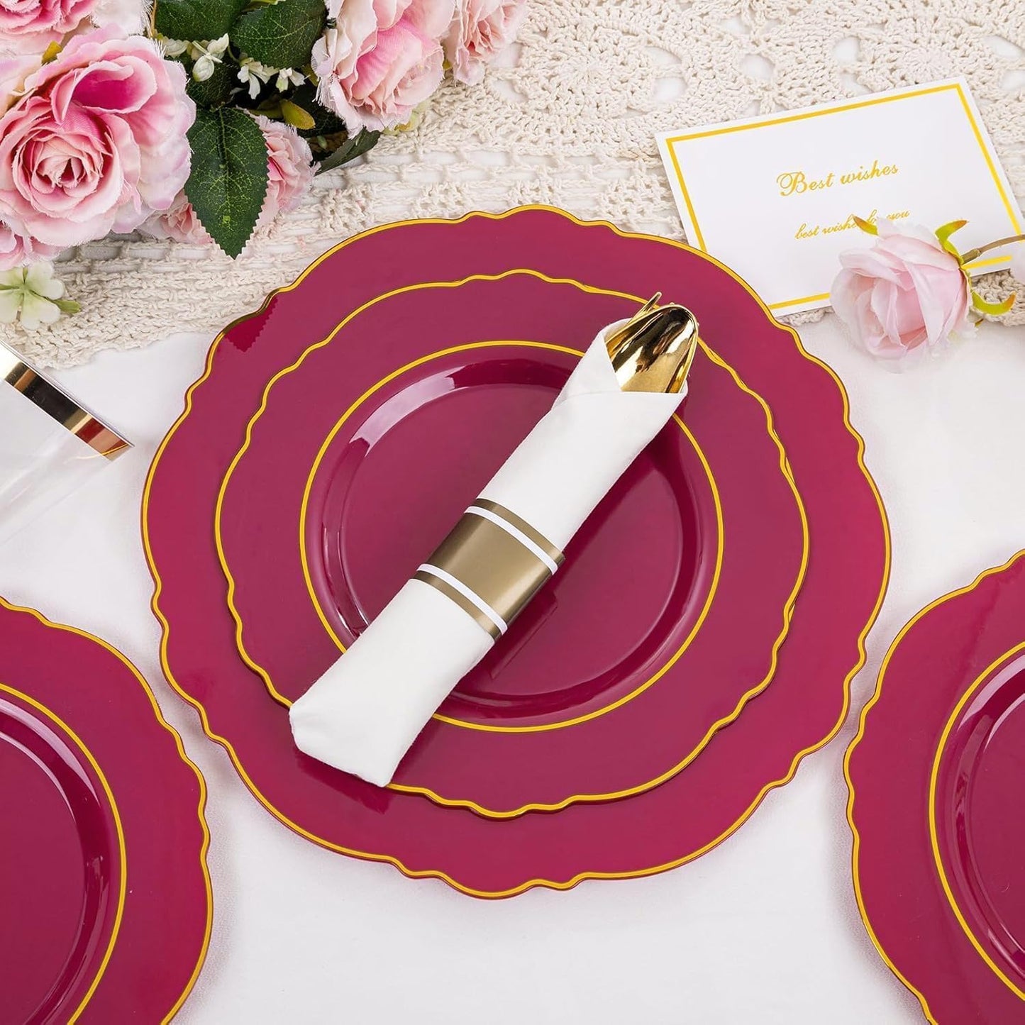 350PCS Yellow Plates - Yellow Disposable Plastic Plates With Gold Rim-50Guest Plastic Dinnerware include 100 Plates,50 Pack Pre Rolled Napkins with Silverware 50Cups for Wedding＆Party