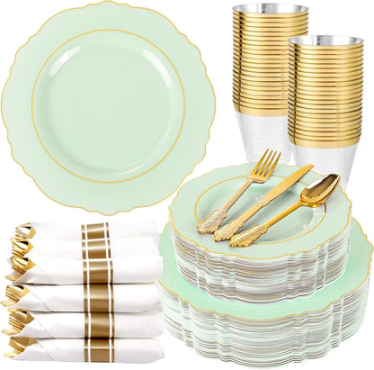 350PCS Yellow Plates - Yellow Disposable Plastic Plates With Gold Rim-50Guest Plastic Dinnerware include 100 Plates,50 Pack Pre Rolled Napkins with Silverware 50Cups for Wedding＆Party