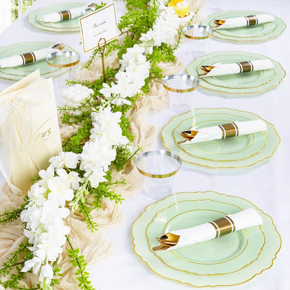350PCS Yellow Plates - Yellow Disposable Plastic Plates With Gold Rim-50Guest Plastic Dinnerware include 100 Plates,50 Pack Pre Rolled Napkins with Silverware 50Cups for Wedding＆Party