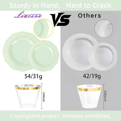 350PCS Yellow Plates - Yellow Disposable Plastic Plates With Gold Rim-50Guest Plastic Dinnerware include 100 Plates,50 Pack Pre Rolled Napkins with Silverware 50Cups for Wedding＆Party