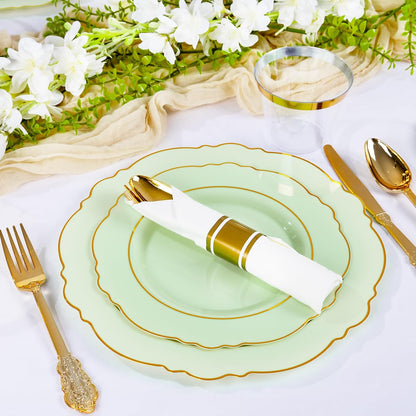 350PCS Yellow Plates - Yellow Disposable Plastic Plates With Gold Rim-50Guest Plastic Dinnerware include 100 Plates,50 Pack Pre Rolled Napkins with Silverware 50Cups for Wedding＆Party