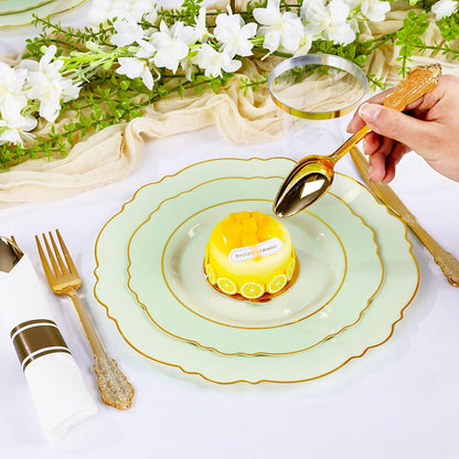 350PCS Yellow Plates - Yellow Disposable Plastic Plates With Gold Rim-50Guest Plastic Dinnerware include 100 Plates,50 Pack Pre Rolled Napkins with Silverware 50Cups for Wedding＆Party