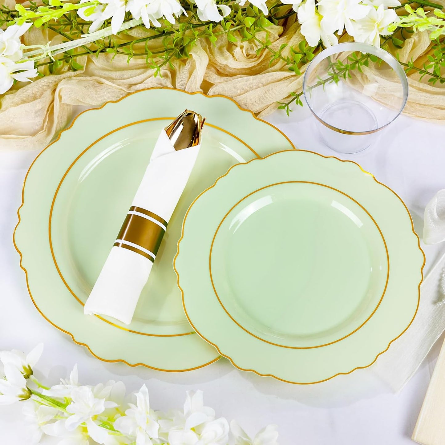 350PCS Yellow Plates - Yellow Disposable Plastic Plates With Gold Rim-50Guest Plastic Dinnerware include 100 Plates,50 Pack Pre Rolled Napkins with Silverware 50Cups for Wedding＆Party