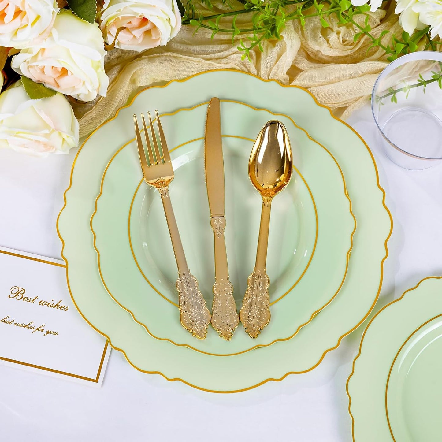 350PCS Yellow Plates - Yellow Disposable Plastic Plates With Gold Rim-50Guest Plastic Dinnerware include 100 Plates,50 Pack Pre Rolled Napkins with Silverware 50Cups for Wedding＆Party