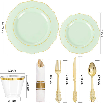 350PCS Yellow Plates - Yellow Disposable Plastic Plates With Gold Rim-50Guest Plastic Dinnerware include 100 Plates,50 Pack Pre Rolled Napkins with Silverware 50Cups for Wedding＆Party