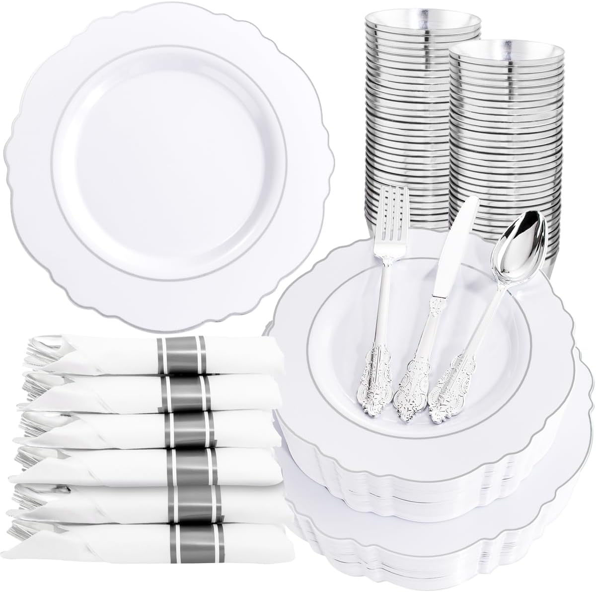 350PCS Yellow Plates - Yellow Disposable Plastic Plates With Gold Rim-50Guest Plastic Dinnerware include 100 Plates,50 Pack Pre Rolled Napkins with Silverware 50Cups for Wedding＆Party