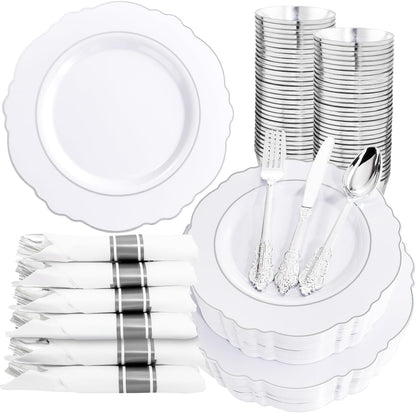 350PCS Yellow Plates - Yellow Disposable Plastic Plates With Gold Rim-50Guest Plastic Dinnerware include 100 Plates,50 Pack Pre Rolled Napkins with Silverware 50Cups for Wedding＆Party