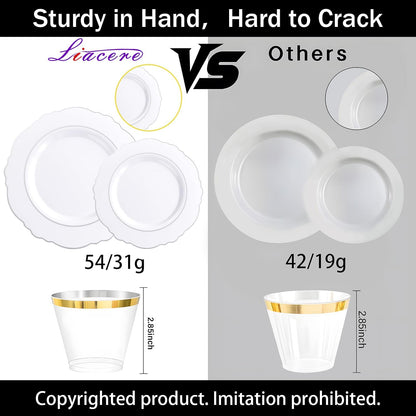 350PCS Yellow Plates - Yellow Disposable Plastic Plates With Gold Rim-50Guest Plastic Dinnerware include 100 Plates,50 Pack Pre Rolled Napkins with Silverware 50Cups for Wedding＆Party