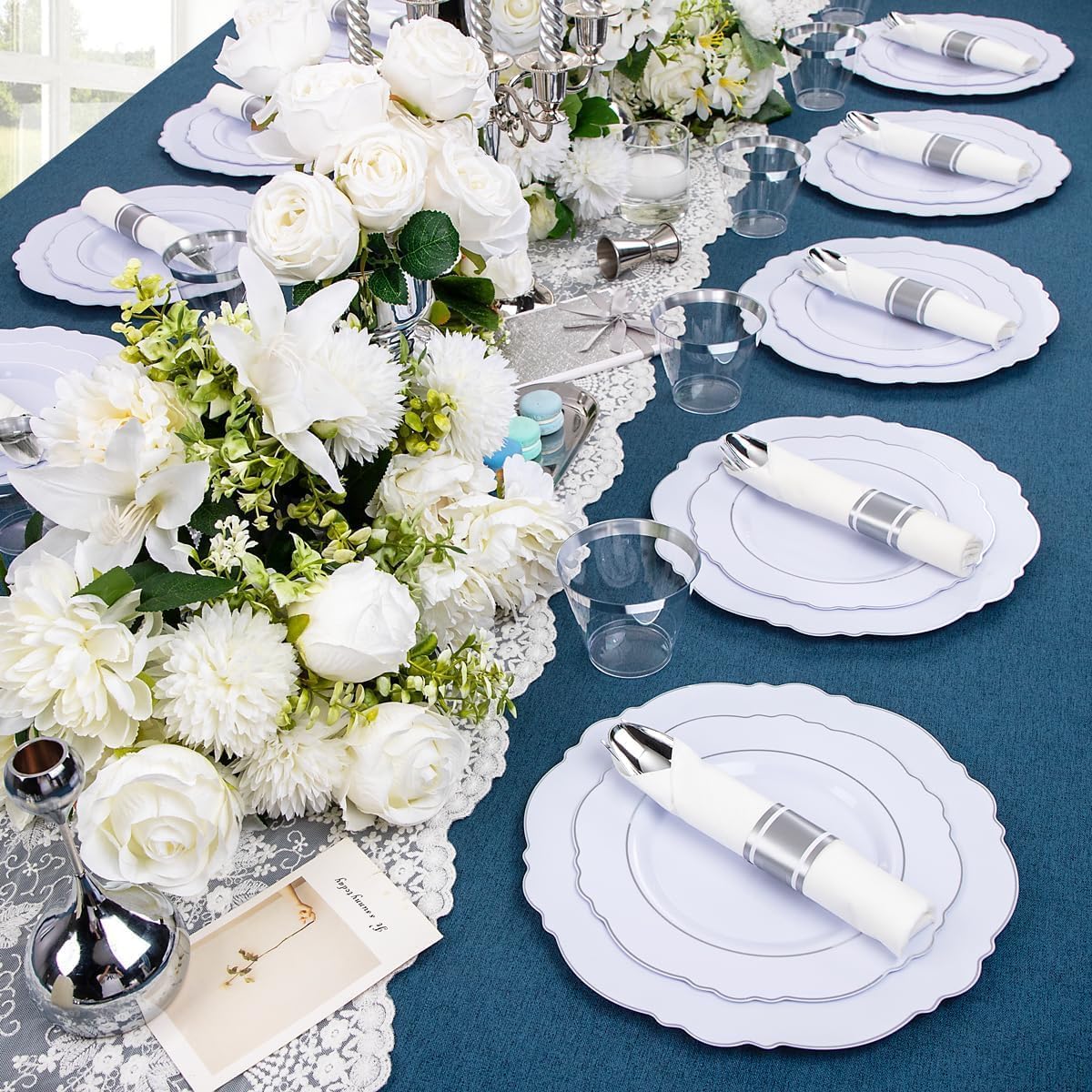 350PCS Yellow Plates - Yellow Disposable Plastic Plates With Gold Rim-50Guest Plastic Dinnerware include 100 Plates,50 Pack Pre Rolled Napkins with Silverware 50Cups for Wedding＆Party