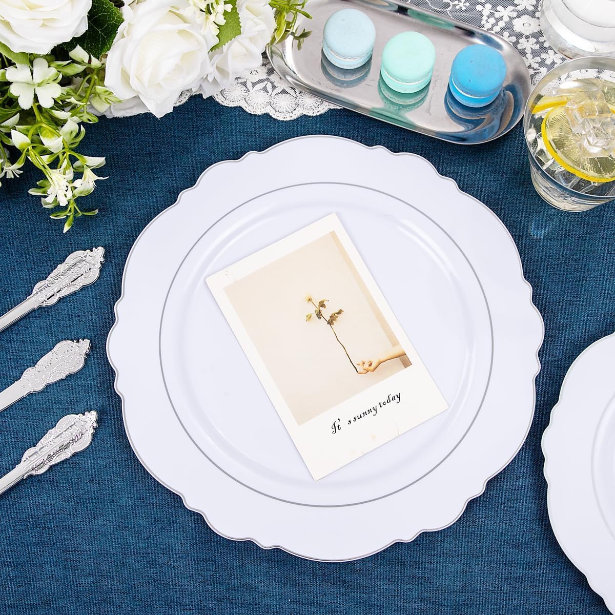 350PCS Yellow Plates - Yellow Disposable Plastic Plates With Gold Rim-50Guest Plastic Dinnerware include 100 Plates,50 Pack Pre Rolled Napkins with Silverware 50Cups for Wedding＆Party