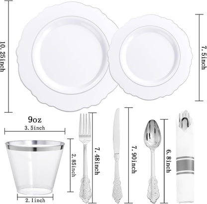 350PCS Yellow Plates - Yellow Disposable Plastic Plates With Gold Rim-50Guest Plastic Dinnerware include 100 Plates,50 Pack Pre Rolled Napkins with Silverware 50Cups for Wedding＆Party