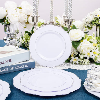 350PCS Yellow Plates - Yellow Disposable Plastic Plates With Gold Rim-50Guest Plastic Dinnerware include 100 Plates,50 Pack Pre Rolled Napkins with Silverware 50Cups for Wedding＆Party