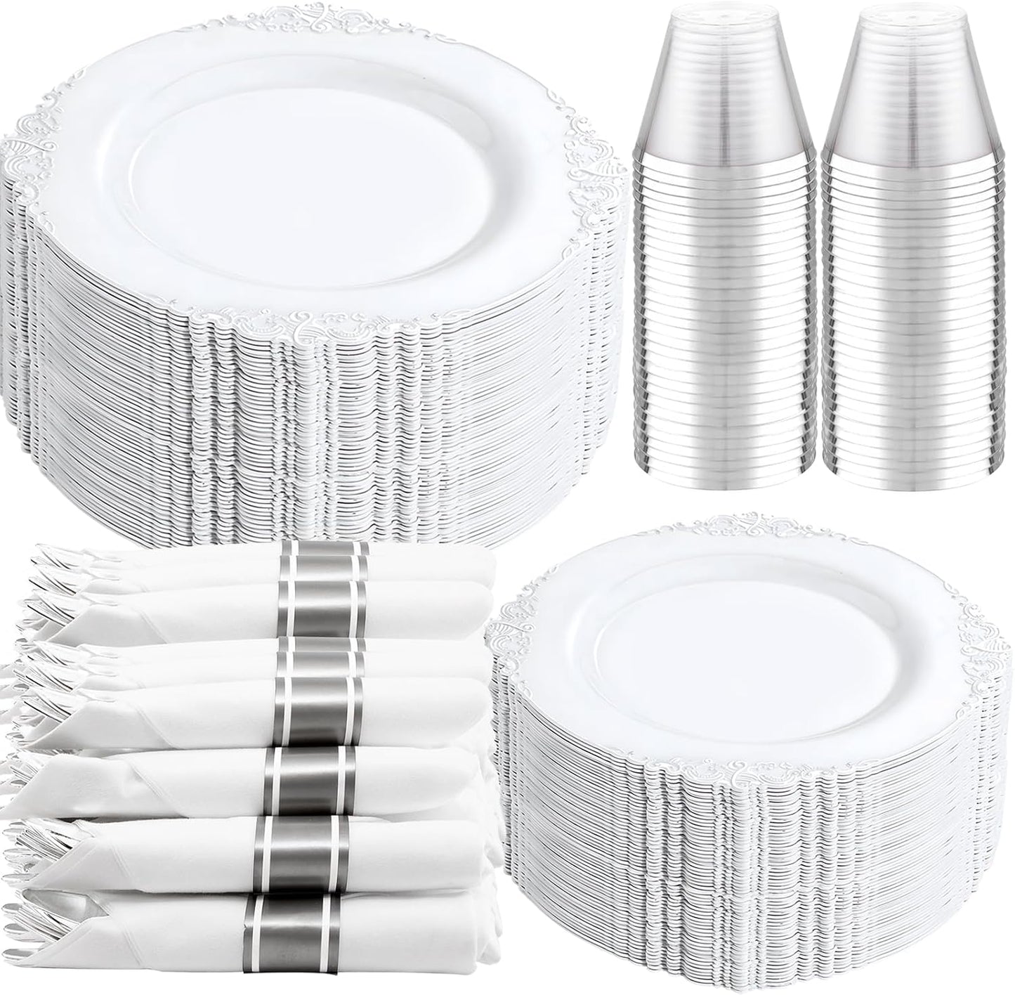 350PCS Yellow Plates - Yellow Disposable Plastic Plates With Gold Rim-50Guest Plastic Dinnerware include 100 Plates,50 Pack Pre Rolled Napkins with Silverware 50Cups for Wedding＆Party