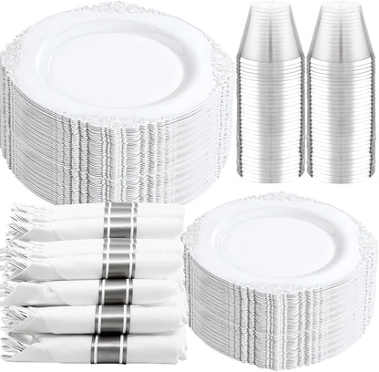 350PCS Yellow Plates - Yellow Disposable Plastic Plates With Gold Rim-50Guest Plastic Dinnerware include 100 Plates,50 Pack Pre Rolled Napkins with Silverware 50Cups for Wedding＆Party