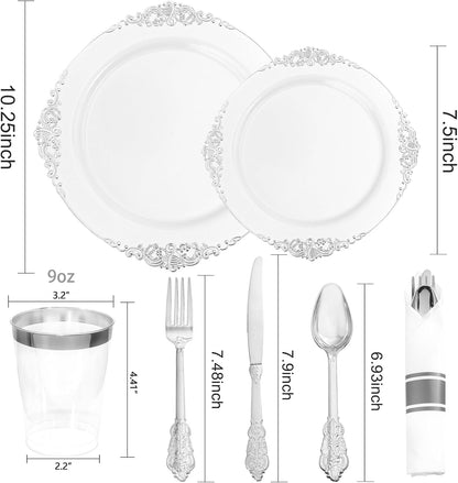 350PCS Yellow Plates - Yellow Disposable Plastic Plates With Gold Rim-50Guest Plastic Dinnerware include 100 Plates,50 Pack Pre Rolled Napkins with Silverware 50Cups for Wedding＆Party