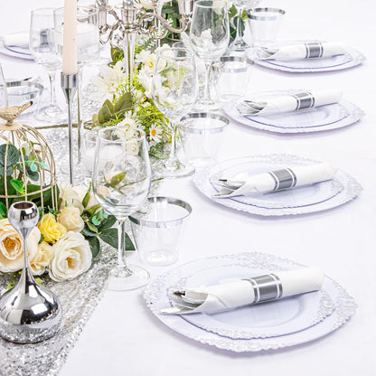350PCS Yellow Plates - Yellow Disposable Plastic Plates With Gold Rim-50Guest Plastic Dinnerware include 100 Plates,50 Pack Pre Rolled Napkins with Silverware 50Cups for Wedding＆Party