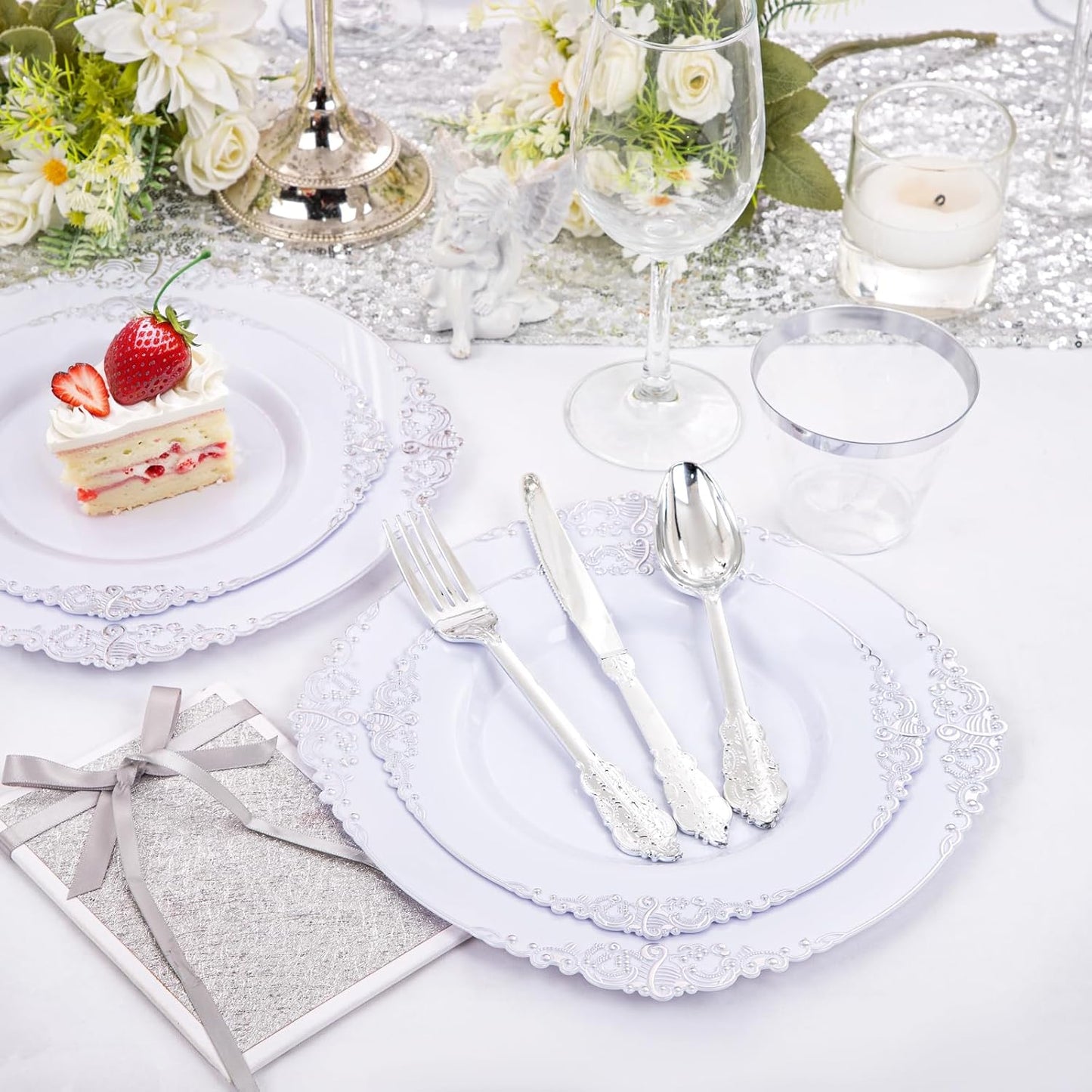 350PCS Yellow Plates - Yellow Disposable Plastic Plates With Gold Rim-50Guest Plastic Dinnerware include 100 Plates,50 Pack Pre Rolled Napkins with Silverware 50Cups for Wedding＆Party