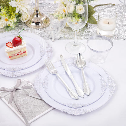 350PCS Yellow Plates - Yellow Disposable Plastic Plates With Gold Rim-50Guest Plastic Dinnerware include 100 Plates,50 Pack Pre Rolled Napkins with Silverware 50Cups for Wedding＆Party