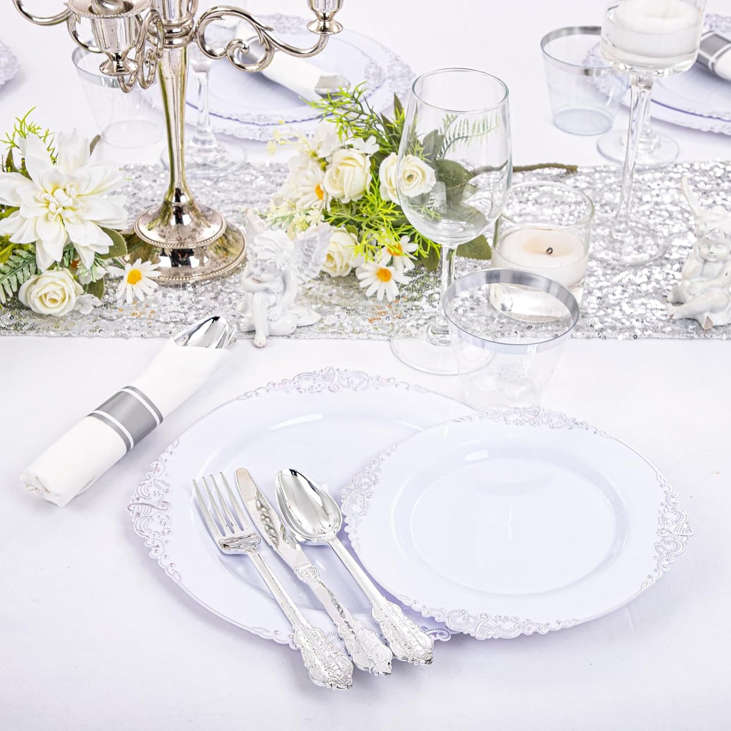 350PCS Yellow Plates - Yellow Disposable Plastic Plates With Gold Rim-50Guest Plastic Dinnerware include 100 Plates,50 Pack Pre Rolled Napkins with Silverware 50Cups for Wedding＆Party