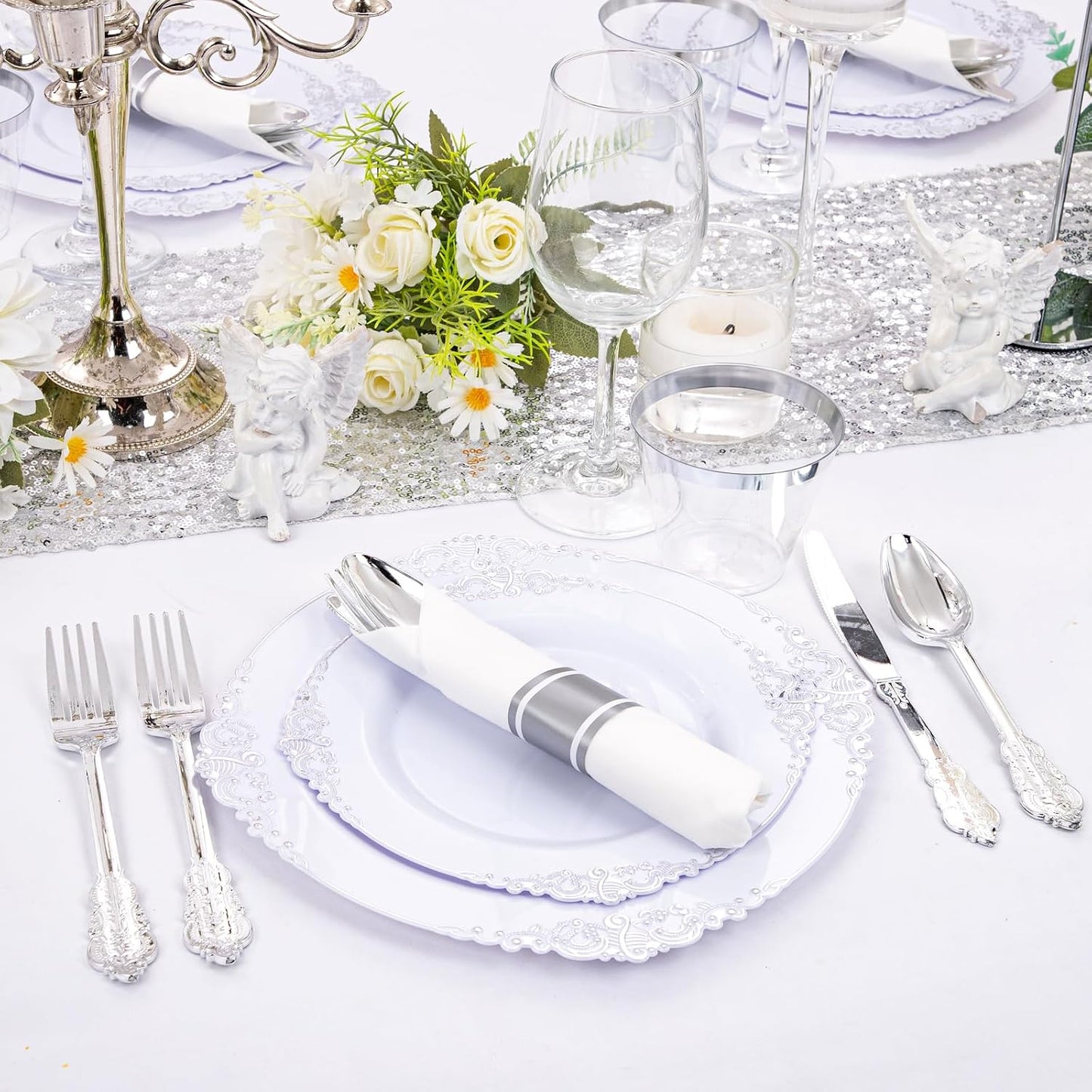 350PCS Yellow Plates - Yellow Disposable Plastic Plates With Gold Rim-50Guest Plastic Dinnerware include 100 Plates,50 Pack Pre Rolled Napkins with Silverware 50Cups for Wedding＆Party
