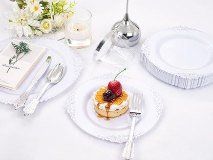 350PCS Yellow Plates - Yellow Disposable Plastic Plates With Gold Rim-50Guest Plastic Dinnerware include 100 Plates,50 Pack Pre Rolled Napkins with Silverware 50Cups for Wedding＆Party