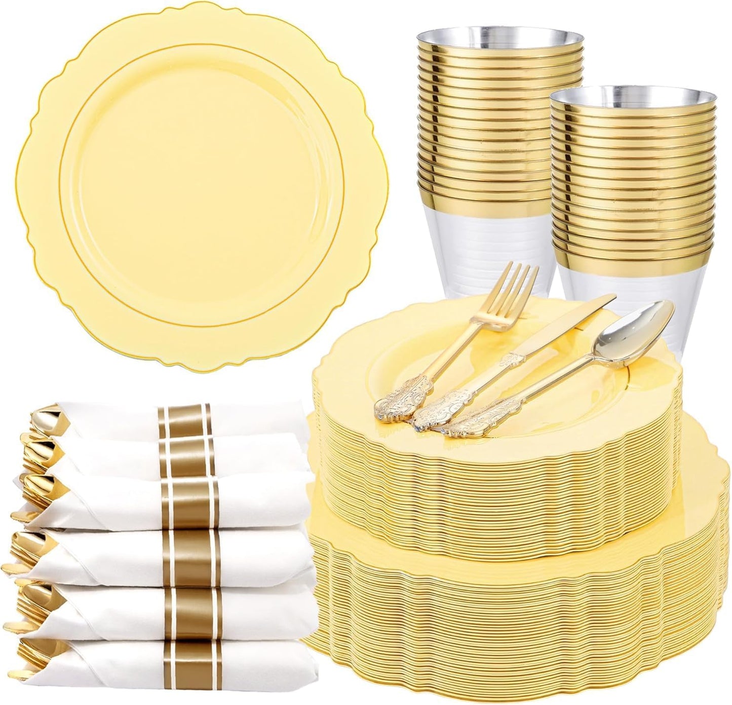 350PCS Yellow Plates - Yellow Disposable Plastic Plates With Gold Rim-50Guest Plastic Dinnerware include 100 Plates,50 Pack Pre Rolled Napkins with Silverware 50Cups for Wedding＆Party